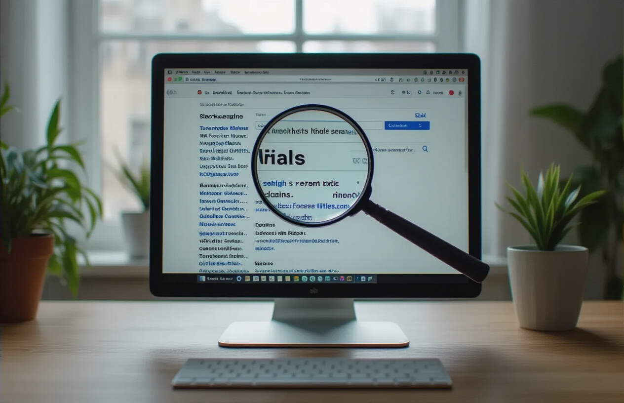 Create a realistic image of a computer monitor displaying a search engine results page with various website listings showing different title lengths, some titles appearing truncated with ellipses while others fit completely, accompanied by a magnifying glass hovering over the search results to emphasize the examination of display mechanics, set against a clean modern office desk with soft natural lighting from a window, creating a professional and analytical mood that illustrates how search engines display titles of varying lengths. Absolutely NO text should be in the scene.