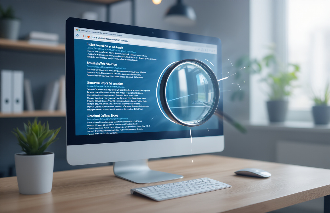 Create a realistic image of a computer monitor displaying search engine results with various webpage titles of different lengths, showing a clear visual hierarchy where shorter titles appear more prominently in search rankings, with a magnifying glass hovering over the screen highlighting the connection between title length and ranking position, set against a modern office desk environment with subtle lighting, absolutely NO text should be in the scene.
