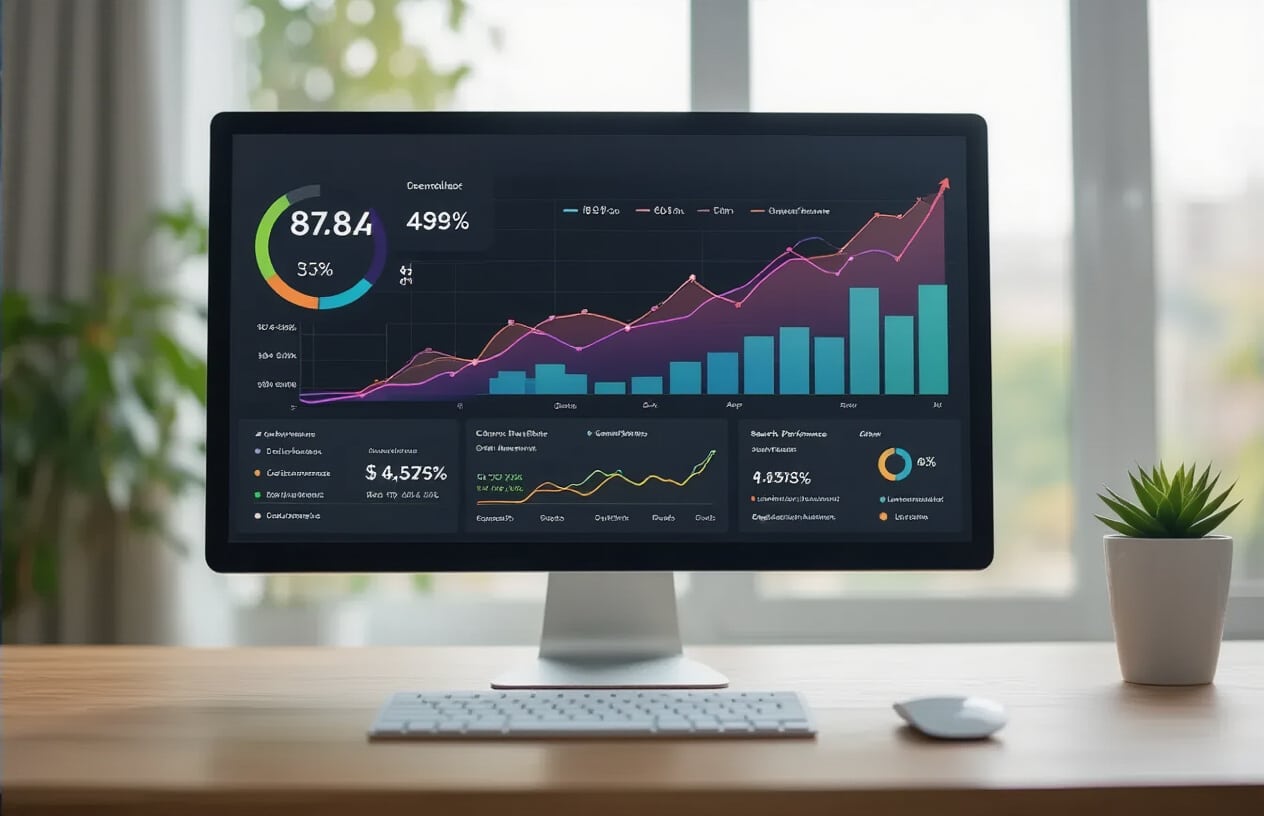 Impact on Click-Through Rates and Search Performance Create a realistic image of a computer monitor displaying a website analytics dashboard with upward trending graphs and charts showing click-through rate improvements, with colorful line graphs rising from left to right, percentage indicators showing positive growth, and search performance metrics visible on the screen, set in a modern office environment with soft natural lighting from a window, complemented by a wireless mouse and keyboard on a clean desk surface, absolutely NO text should be in the scene.