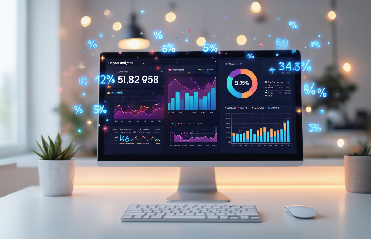 Why Numbers Drive Reader Engagement and Click-Through Rates Create a realistic image of a computer screen displaying website analytics dashboard with colorful charts and graphs showing increasing click-through rates, with digital numbers and percentage symbols floating above the screen in a glowing effect, modern office desk setup with a sleek monitor, keyboard and mouse, soft ambient lighting creating a professional atmosphere, clean white desk surface, blurred background suggesting a contemporary workspace. Absolutely NO text should be in the scene.