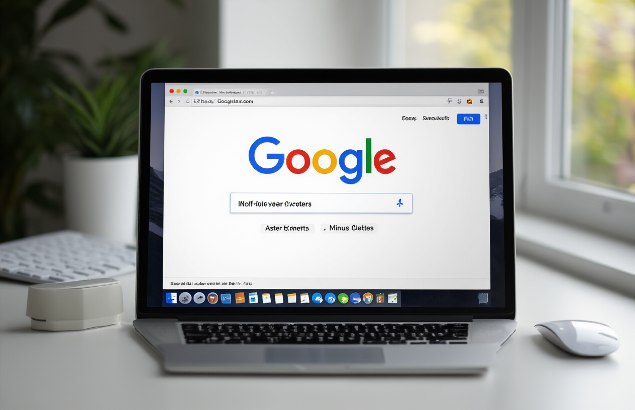 Create a realistic image of a computer screen displaying Google's search interface with visible search operators like quotation marks, asterisks, and minus signs in the search bar, surrounded by a clean modern workspace with a keyboard and mouse on a white desk, soft natural lighting from a window, professional atmosphere, Absolutely NO text should be in the scene.
