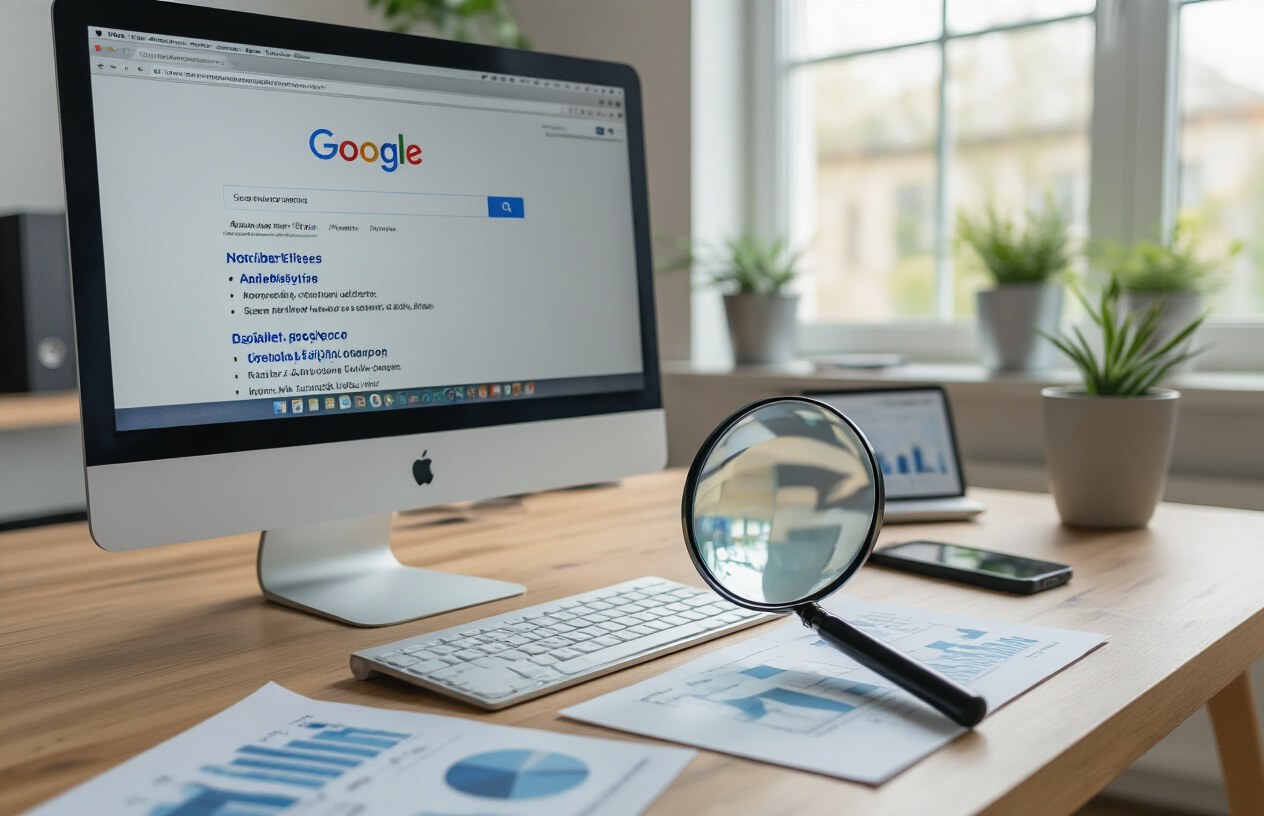Create a realistic image of a computer screen displaying a search engine results page with multiple website listings showing varying title lengths, some titles appearing truncated with ellipses while others display fully, surrounded by SEO analytics charts and graphs on the desk, a magnifying glass positioned over one of the search results, clean modern office environment with soft natural lighting from a window, absolutely NO text should be in the scene.