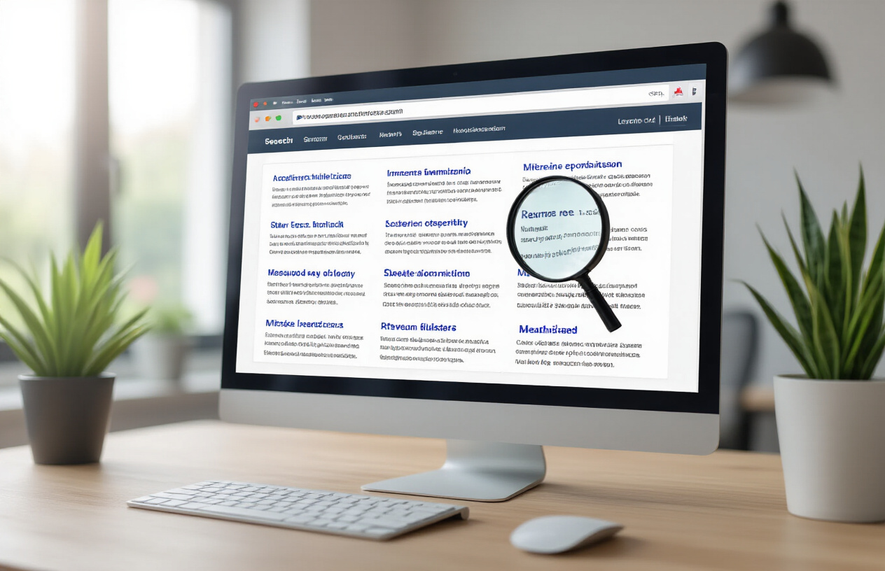 Understanding Meta Description Length Requirements Create a realistic image of a computer screen displaying a search engine results page with multiple website listings showing different meta description lengths, some appearing truncated with ellipsis dots while others are fully visible, with a magnifying glass hovering over one of the meta descriptions to emphasize examination and measurement, set in a modern office environment with soft natural lighting from a window, absolutely NO text should be in the scene.