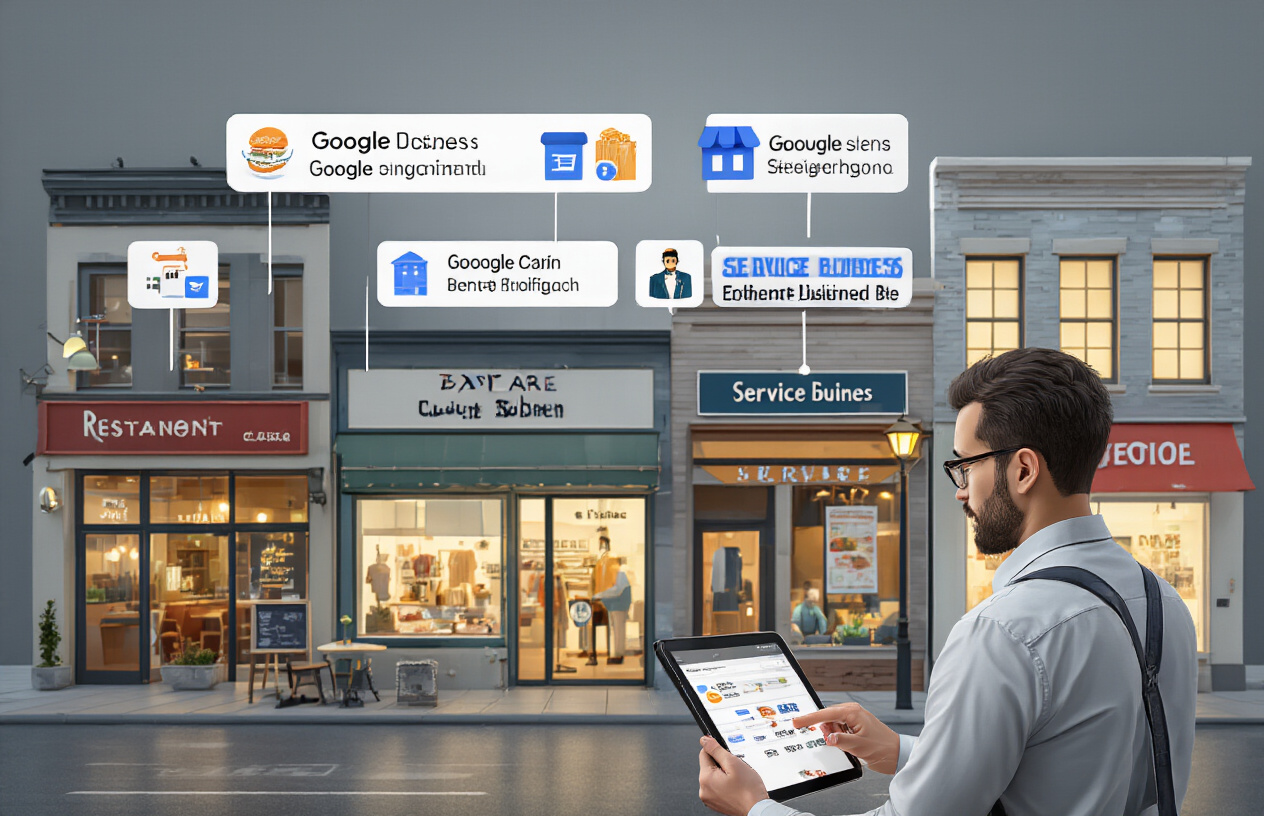 Create a realistic image of a diverse business district with various storefronts including a restaurant, retail shop, and service business, each with clear Google My Business listing icons floating above them showing different category symbols, with a white male business owner looking at a tablet displaying Google Business Profile interface, professional lighting with modern urban background, clean and organized composition showing the connection between physical businesses and their online presence, absolutely NO text should be in the scene.
