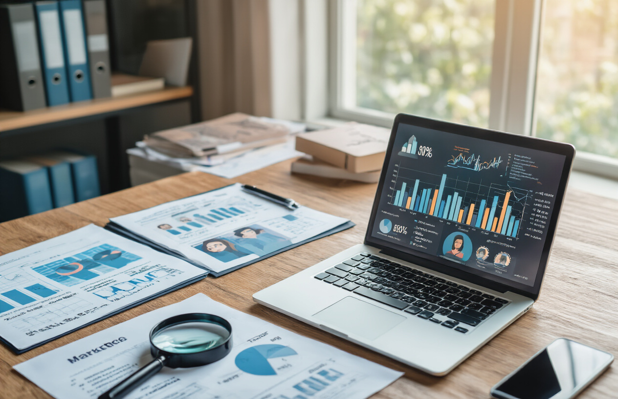 Create a realistic image of a diverse business professional analyzing market data on a laptop screen while surrounded by demographic charts, target audience personas, and market research documents spread across a modern office desk, with a magnifying glass positioned over customer profile sheets, warm natural lighting from a window, and a focused, analytical atmosphere. Absolutely NO text should be in the scene.