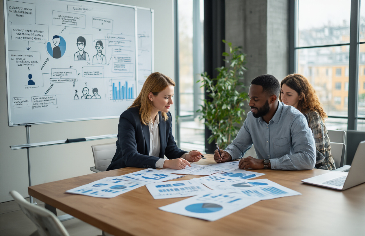 Understanding Your Target Customer's Pain Points and Desires Create a realistic image of a diverse business team of professionals including a white female marketing specialist and a black male business analyst sitting around a modern conference table, examining customer feedback surveys, charts, and personas spread across the table, with a large whiteboard in the background showing customer journey maps and pain point analysis, in a bright modern office setting with natural lighting from large windows, conveying a collaborative and analytical atmosphere as they work to understand their target audience, absolutely NO text should be in the scene.