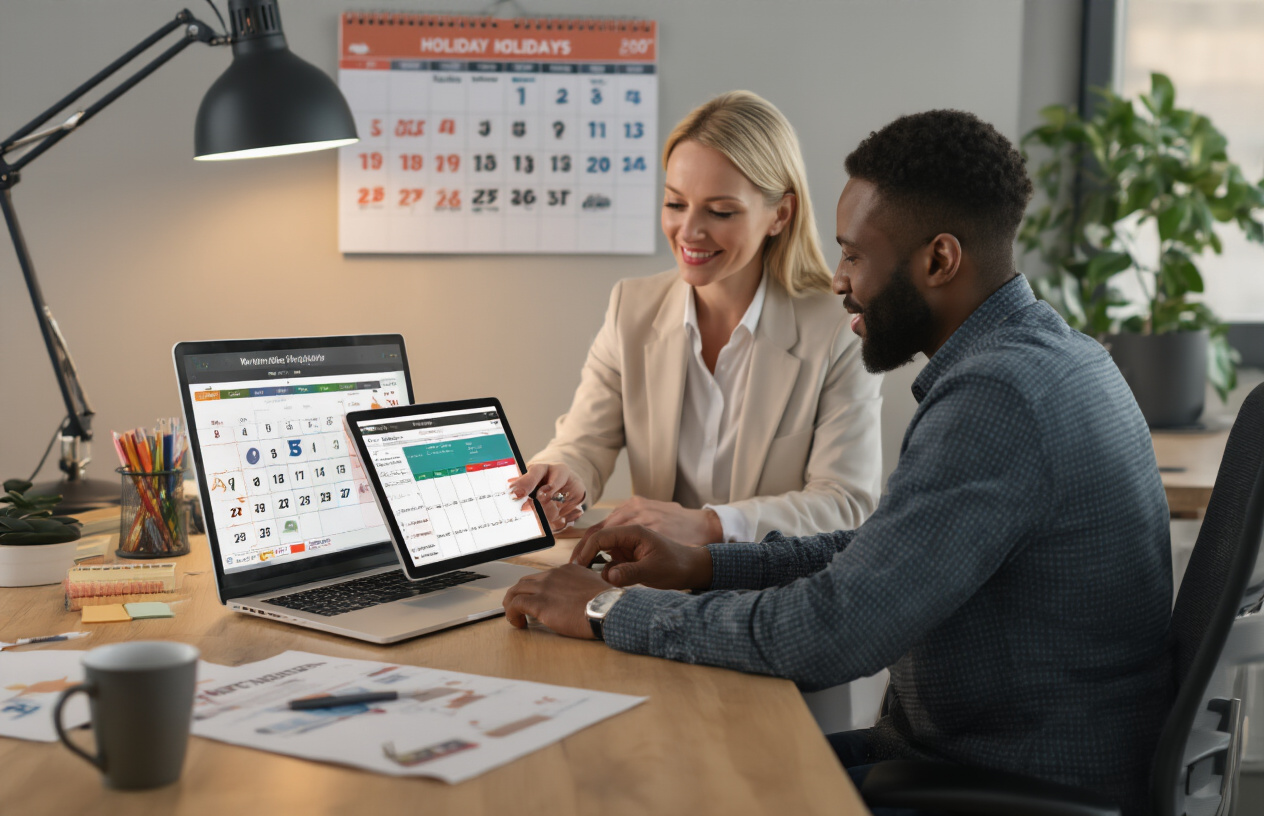 Create a realistic image of a diverse group including a white female business owner and a black male employee working together at a modern office desk, updating digital calendars on a laptop and tablet screen showing holiday schedules and special hours, with a wall calendar in the background displaying various holidays marked in different colors, warm office lighting creating a professional atmosphere, scattered business planning documents and a coffee cup on the desk, absolutely NO text should be in the scene.