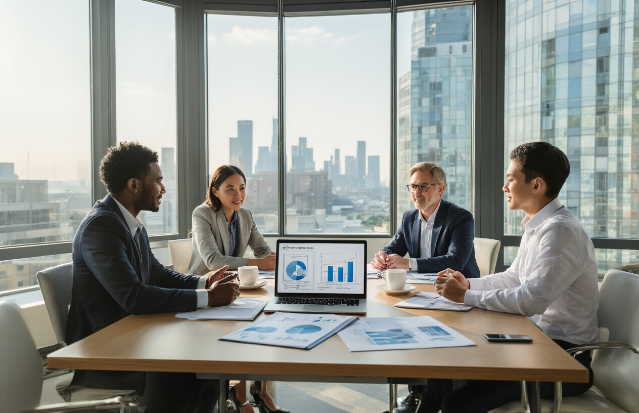 Ensure Consistency Across All Platforms While Maximizing Each One's Potential Create a realistic image of a diverse group of business professionals sitting around a modern conference table in a bright, contemporary office space, with a white male entrepreneur presenting a business plan on a laptop screen to a black female investor and an Asian male advisor, surrounded by charts, documents, and coffee cups, with large windows showing a city skyline in the background, warm natural lighting creating an atmosphere of success and collaboration, absolutely NO text should be in the scene.
