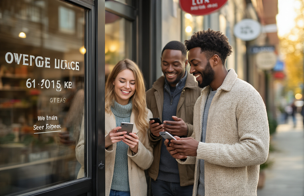 Create a realistic image of a diverse group of satisfied customers, including a white female and black male, standing outside a modern local business storefront with clearly visible operating hours posted on the glass door, showing happy expressions and positive body language as they check their smartphones, with warm natural lighting creating an inviting atmosphere, complemented by a clean urban street setting with other local shops in the background, absolutely NO text should be in the scene.