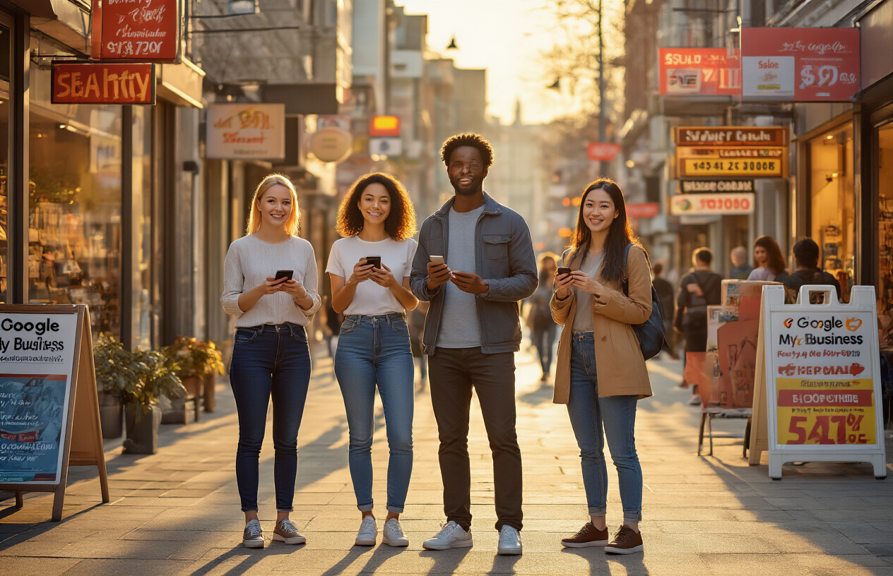 Create a realistic image of a diverse group of small business owners including a white female, black male, and Asian female standing confidently in front of their respective storefronts with bright promotional banners and sale signs visible, smartphones in their hands showing Google My Business interfaces, warm golden hour lighting creating an optimistic atmosphere, bustling street scene with potential customers walking by looking interested, modern urban commercial district background, vibrant colors emphasizing growth and success, absolutely NO text should be in the scene.