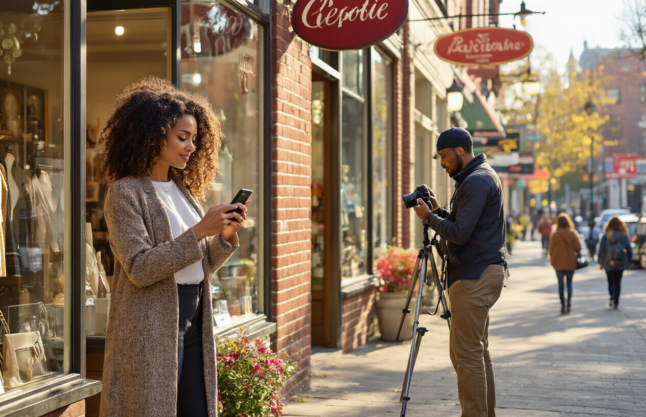 Create a realistic image of a diverse local business district with storefronts displaying high-quality window displays and professional photography, featuring a white female business owner updating her smartphone with photos of her boutique shop while a black male photographer adjusts his camera equipment nearby, with warm natural lighting casting soft shadows on brick buildings, vibrant shop signs, and bustling pedestrian activity in the background, conveying success and professional growth through visual marketing, absolutely NO text should be in the scene.