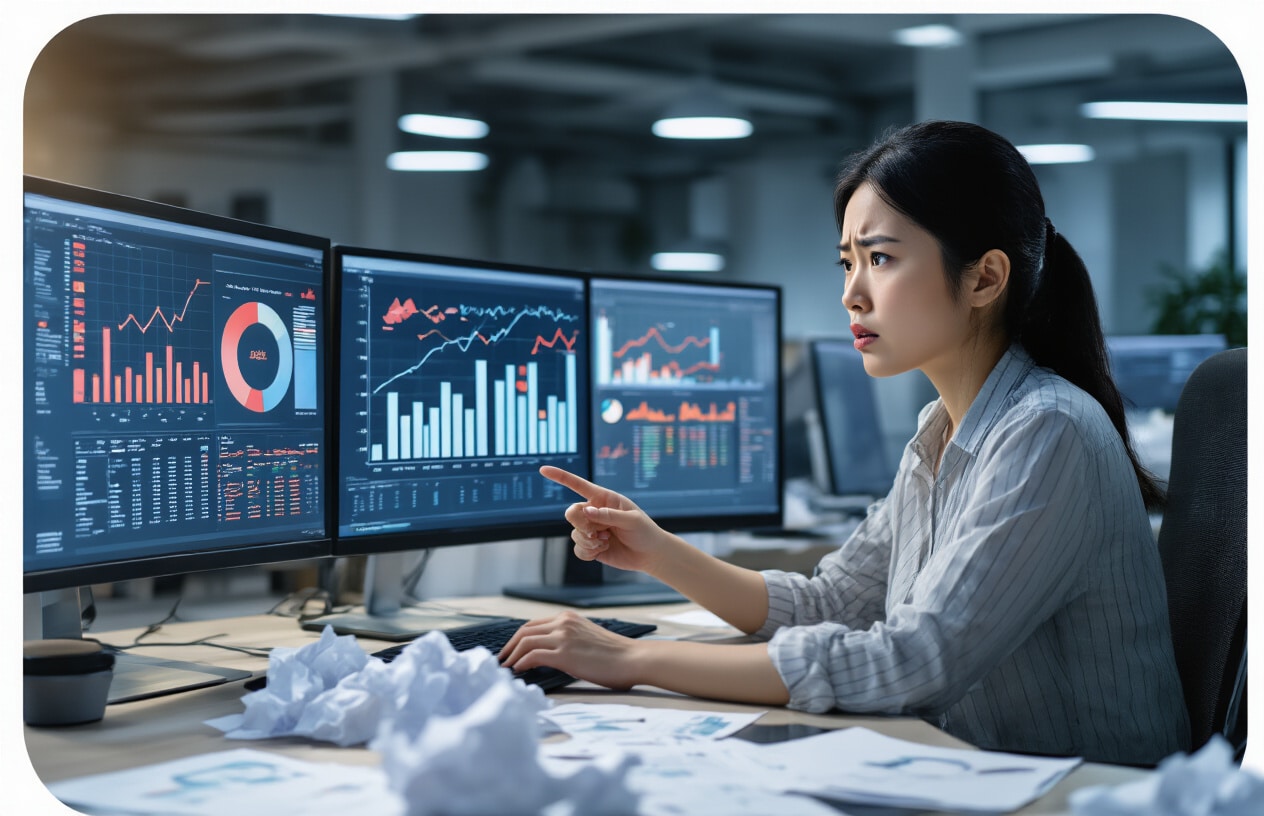 Create a realistic image of a frustrated Asian female data analyst sitting at a modern office desk looking at multiple computer monitors displaying corrupted charts, graphs with missing data points, and spreadsheets with obvious errors like red warning symbols and inconsistent values, with crumpled papers scattered around the workspace, dimly lit office environment with soft overhead lighting creating shadows, expressing concern while pointing at problematic data visualizations on screen. Absolutely NO text should be in the scene.