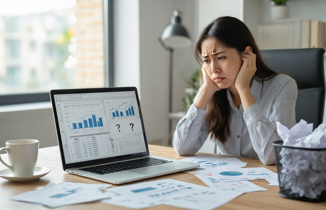Create a realistic image of a frustrated Asian female data analyst sitting at a modern office desk with a laptop displaying incomplete spreadsheets and charts with missing data points, surrounded by scattered papers with gaps and question marks, a half-empty coffee cup, and a trash bin filled with crumpled notes, in a professional office environment with soft natural lighting from a window, conveying the stress of poor data collection planning, absolutely NO text should be in the scene.