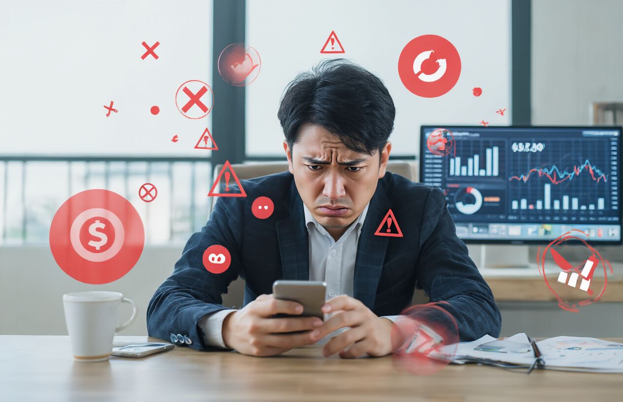 Create a realistic image of a frustrated Asian male business owner sitting at a modern office desk looking at his smartphone with a concerned expression, surrounded by warning symbols and red X marks floating in the air around him, with a computer screen showing declining business metrics in the background, professional office environment with soft natural lighting from a window, conveying the negative impact of business mistakes, absolutely NO text should be in the scene.
