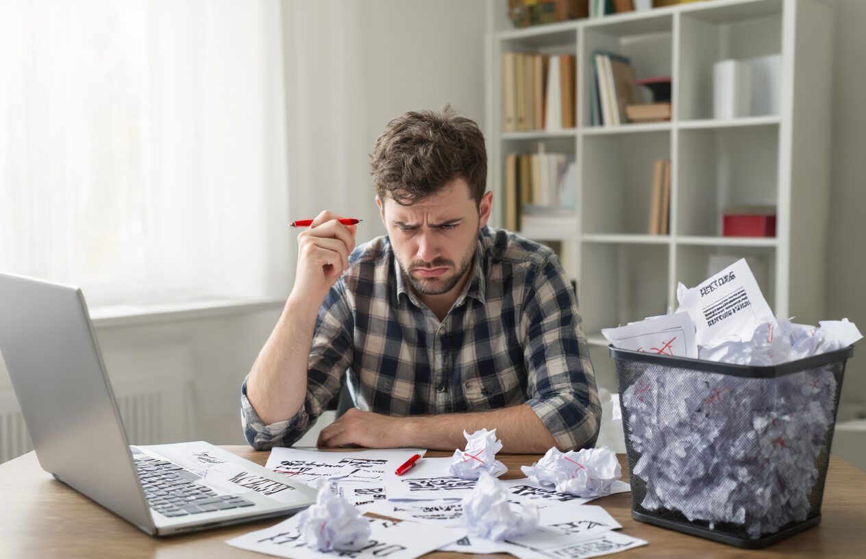 Common Mistakes That Kill Numbered Headlines Create a realistic image of a frustrated white male blogger sitting at a modern desk with a laptop, surrounded by crumpled papers with crossed-out headlines scattered around, a red pen in his hand, looking disappointed while staring at his computer screen, with a trash bin nearby filled with discarded drafts, soft natural lighting from a window, minimalist office background with bookshelves, conveying a mood of struggle and frustration with content creation, absolutely NO text should be in the scene.