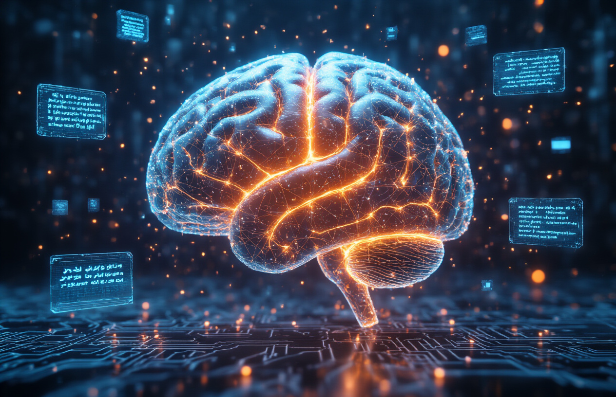 Create a realistic image of a futuristic digital brain made of interconnected neural networks glowing with blue and orange light particles, surrounded by floating holographic text fragments and language symbols from different scripts, set against a dark technological background with subtle circuit board patterns, conveying innovation and advanced AI understanding, with soft ambient lighting creating a sophisticated atmosphere, absolutely NO text should be in the scene.