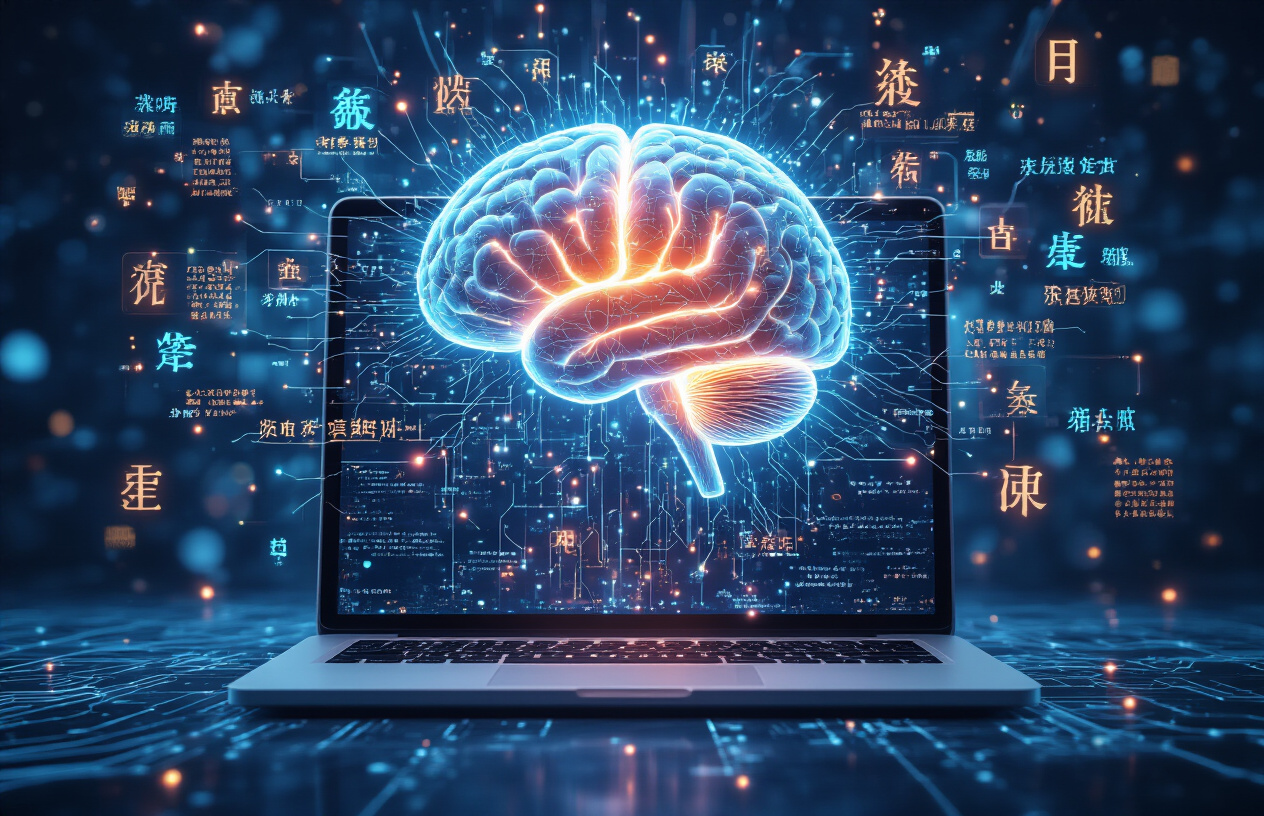 Create a realistic image of a futuristic digital brain network with glowing neural pathways and interconnected nodes floating above an open laptop computer, surrounded by holographic language symbols and words from different languages (English, Spanish, Chinese characters) transforming and flowing through the air, set against a dark blue technology background with soft ambient lighting that highlights the revolutionary transformation of language processing, showing the evolution from traditional text on the laptop screen to advanced AI understanding represented by the luminous brain network above. Absolutely NO text should be in the scene.
