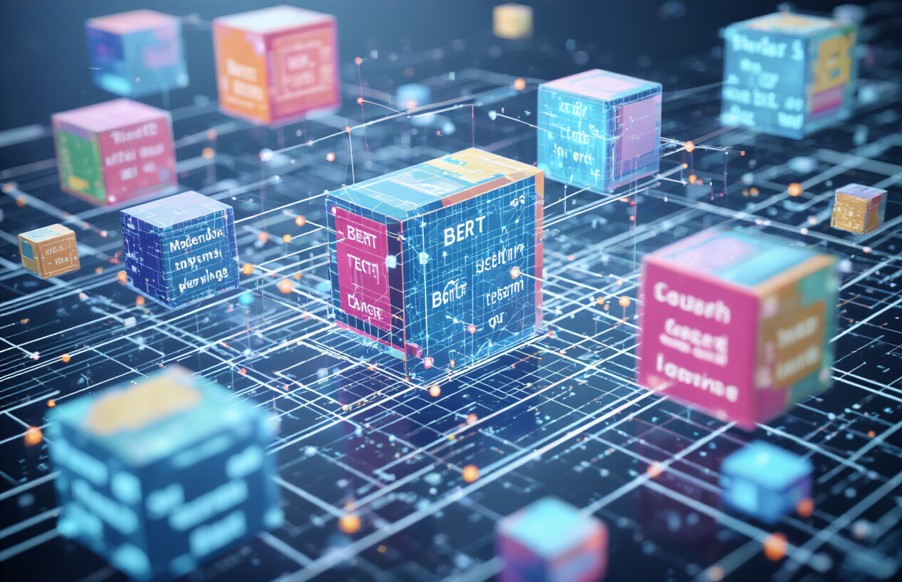 Create a realistic image of a futuristic digital interface displaying colorful token blocks and neural network connections representing BERT's embedding system, with floating geometric shapes containing word fragments being processed through interconnected nodes and pathways, set against a clean technological background with soft blue and white lighting, showing data transformation visualization with no human subjects present, absolutely NO text should be in the scene.