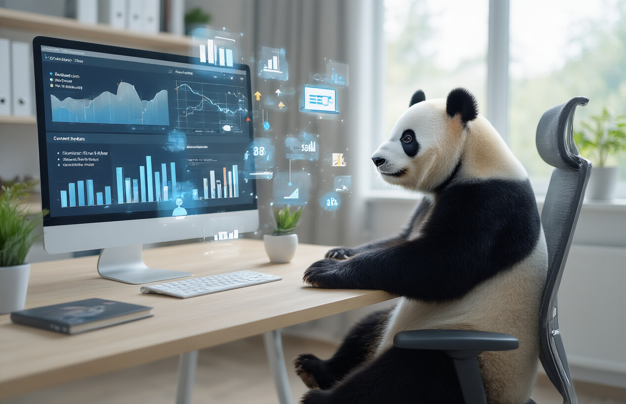 How Panda Update Transforms Your Content Strategy Create a realistic image of a giant panda sitting at a modern desk with a computer screen displaying analytics graphs and content strategy documents, surrounded by floating holographic icons representing SEO elements like keywords, content blocks, and ranking arrows, with a sleek office background featuring soft natural lighting from a window, conveying a professional and innovative digital marketing atmosphere, absolutely NO text should be in the scene.