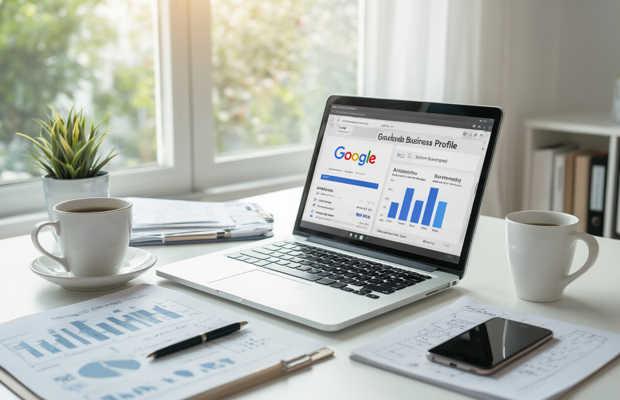 Create a realistic image of a modern business owner's workspace showing a laptop computer displaying Google Business Profile dashboard interface with various attribute categories visible on screen, surrounded by scattered business documents, a smartphone, coffee cup, and notepad with handwritten notes, placed on a clean white desk in a bright office environment with natural lighting from a window, emphasizing organization and digital marketing productivity, absolutely NO text should be in the scene.