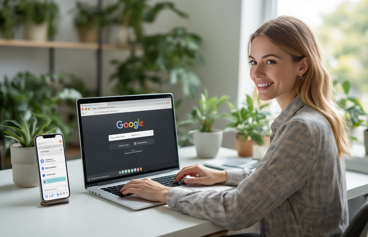 Create a realistic image of a modern business owner, a white female in her 30s, sitting at a clean desk with a laptop open showing a Google Business Profile interface, with her hands positioned as if she's typing a response, surrounded by a bright, professional office environment with plants and natural lighting from a window, conveying success and customer engagement management, with a smartphone nearby displaying notification icons, absolutely NO text should be in the scene.