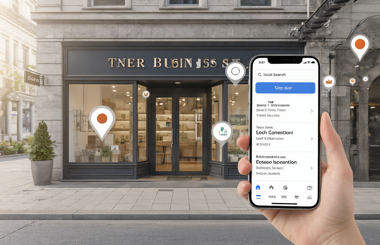 Create a realistic image of a modern business storefront with a clean, professional exterior showing clear NAP information (business name on signage, address numbers, and contact details) prominently displayed, with a smartphone in the foreground showing a local search results page with multiple business listings, surrounded by subtle digital marketing elements like location pins and search icons floating in the background, bright daylight with natural lighting creating a trustworthy and professional atmosphere that conveys successful local SEO optimization, absolutely NO text should be in the scene.