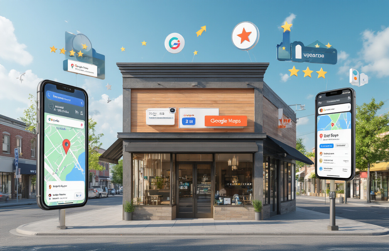 Create a realistic image of a modern business storefront with a prominent, well-designed business sign, surrounded by local search ranking elements like floating smartphone screens showing Google Maps pins and search results, with upward-trending arrows and star ratings hovering around the building, set against a vibrant urban street background with other local businesses visible, bright daylight with clear sky, conveying success and digital visibility, absolutely NO text should be in the scene.