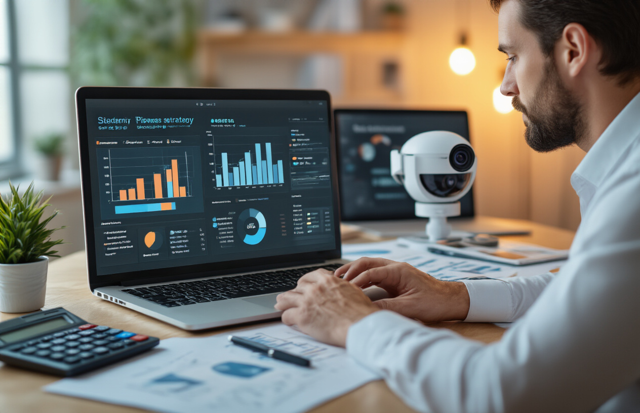 Create a realistic image of a modern business workspace featuring a laptop displaying a pricing strategy dashboard with charts and graphs, surrounded by financial documents, a calculator, and virtual tour equipment like a 360-degree camera on a desk, with a professional white male business owner in his 30s analyzing revenue data, warm office lighting creating a focused work atmosphere, clean minimalist background with subtle technology elements. Absolutely NO text should be in the scene.