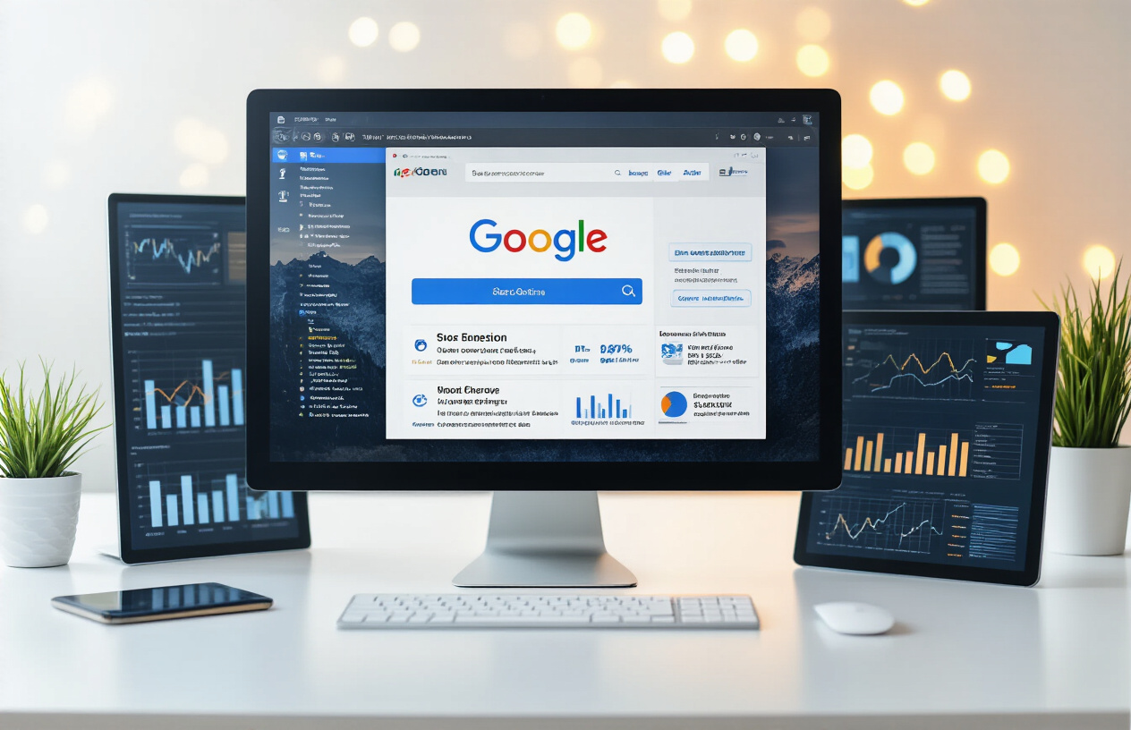 Create a realistic image of a modern computer monitor displaying search engine results with various title lengths, surrounded by SEO analytics charts and graphs on a clean white desk, with a subtle bokeh background suggesting a professional office environment, warm natural lighting from the side, emphasizing the correlation between title optimization and search rankings, absolutely NO text should be in the scene.