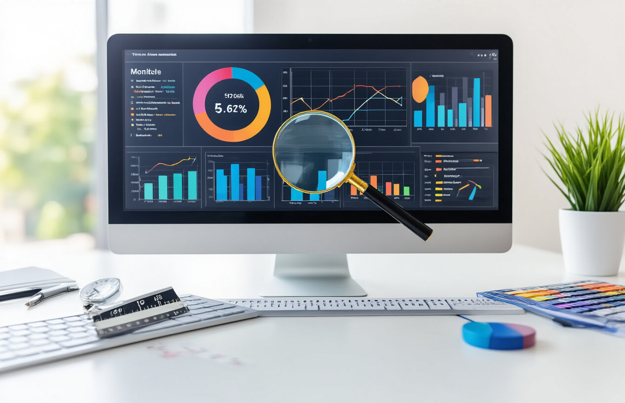 Tools and Techniques for Measuring Meta Description Length Create a realistic image of a modern computer monitor displaying an SEO dashboard with measurement tools, featuring colorful analytics charts and graphs, a magnifying glass positioned over the screen highlighting measurement metrics, a ruler or measuring tape placed beside the keyboard, and various digital marketing tools scattered on a clean white desk, with soft natural lighting from a nearby window, conveying a professional and analytical atmosphere. Absolutely NO text should be in the scene.