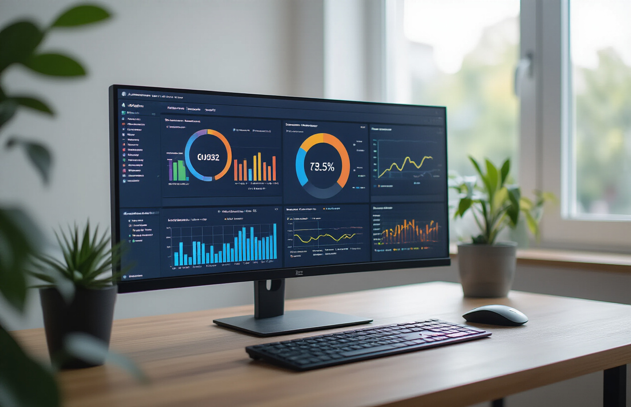 Create a realistic image of a modern computer monitor displaying colorful data analytics graphs and search ranking charts, with Google's search interface visible on screen, surrounded by a clean minimalist office desk setup with a wireless keyboard and mouse, soft natural lighting from a window creating gentle shadows, professional tech workspace atmosphere, focus on the screen showing algorithm performance metrics and SEO ranking fluctuations, Absolutely NO text should be in the scene.