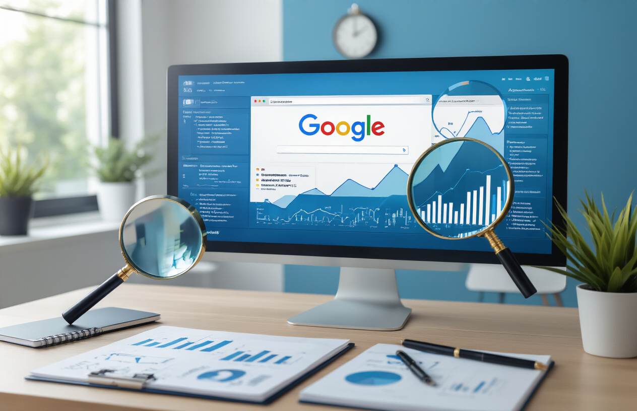 Identifying Recent Google Algorithm Updates Create a realistic image of a modern computer screen displaying Google's search interface with analytics charts and graphs showing algorithm update patterns, surrounded by magnifying glasses examining data trends, with a clean office desk setup featuring notebooks with algorithmic symbols and diagrams, bright natural lighting from a window, professional atmosphere with blue and white color scheme, absolutely NO text should be in the scene.