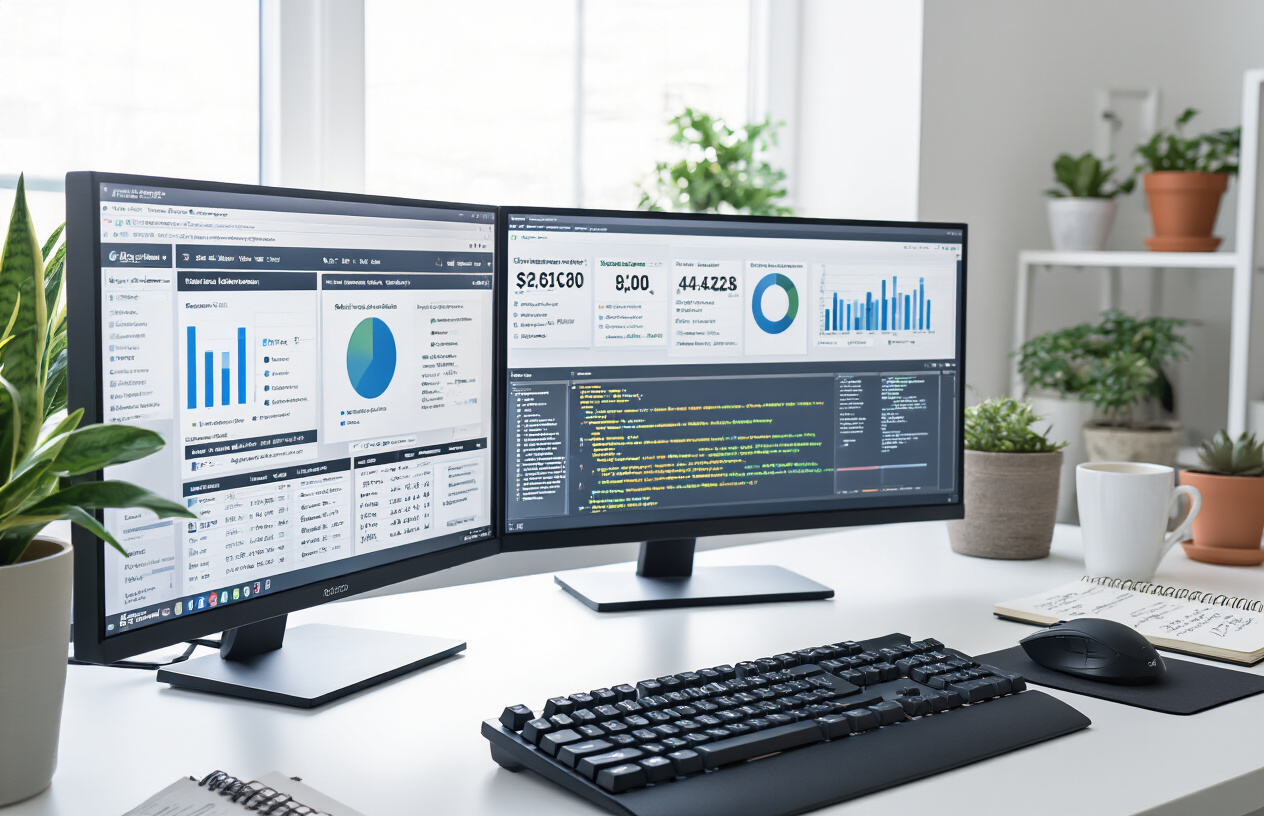 Create a realistic image of a modern computer workstation with multiple monitors displaying website analytics dashboards, SEO tools interfaces, and code snippets, featuring a clean white desk with a mechanical keyboard, wireless mouse, and a notebook with handwritten optimization notes, set against a minimalist office background with soft natural lighting from a window, showing various technical charts and graphs on the screens including search ranking data and snippet performance metrics, with small potted plants and a coffee cup adding warmth to the technical workspace, absolutely NO text should be in the scene.