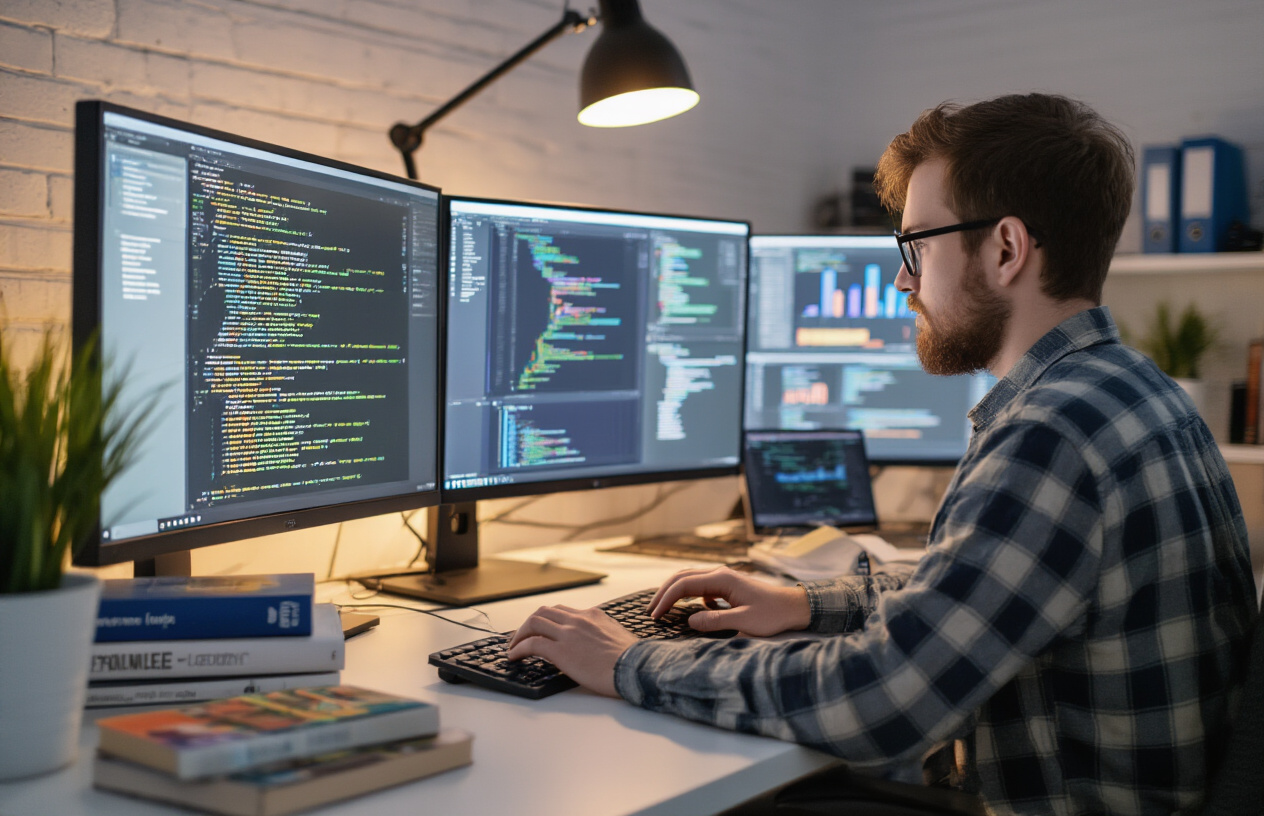 Create a realistic image of a modern data scientist workspace showing a white male developer working on BERT model implementation, featuring multiple computer monitors displaying code interfaces, neural network diagrams, and model training dashboards, with programming books about machine learning scattered on a clean desk, warm ambient lighting from a desk lamp, professional tech office environment with minimalist background, focused concentration mood as hands type on keyboard while analyzing model performance metrics on screens, Absolutely NO text should be in the scene.