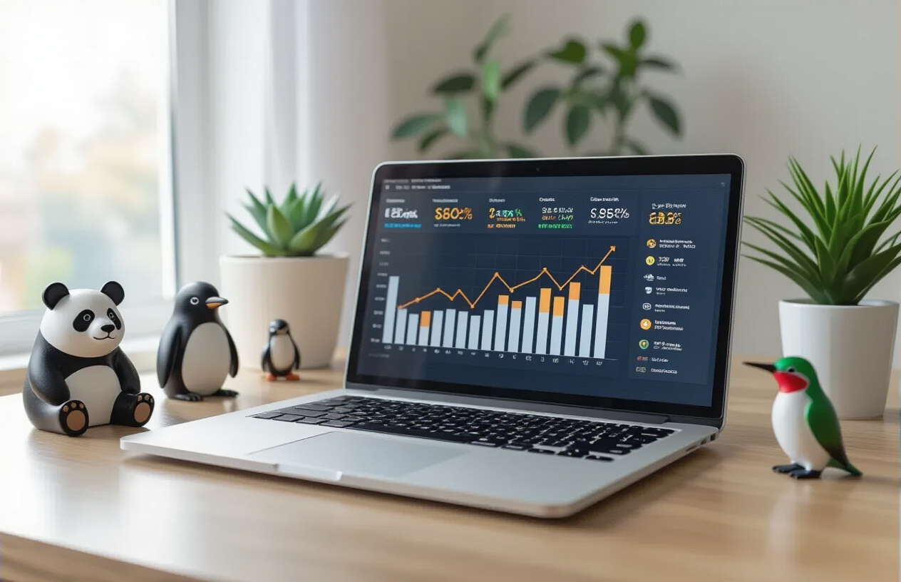 Create a realistic image of a modern digital marketing workspace with a laptop displaying SEO analytics dashboard showing upward trending graphs and metrics, surrounded by subtle decorative elements including small panda, penguin, and hummingbird figurines positioned around the desk, with a clean minimalist office background featuring soft natural lighting from a window, conveying a professional and optimistic mood about SEO success, absolutely NO text should be in the scene.