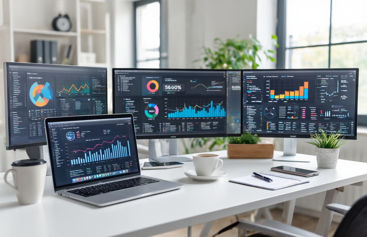 Create a realistic image of a modern digital marketing workspace featuring multiple computer monitors displaying colorful analytical charts, graphs, and data visualizations representing website traffic and search rankings, with a sleek laptop showing Google Analytics dashboard, scattered around a clean white desk with a coffee cup, notepad, and smartphone, set against a bright office environment with natural lighting from large windows, creating a professional and focused atmosphere for SEO analysis work, absolutely NO text should be in the scene.