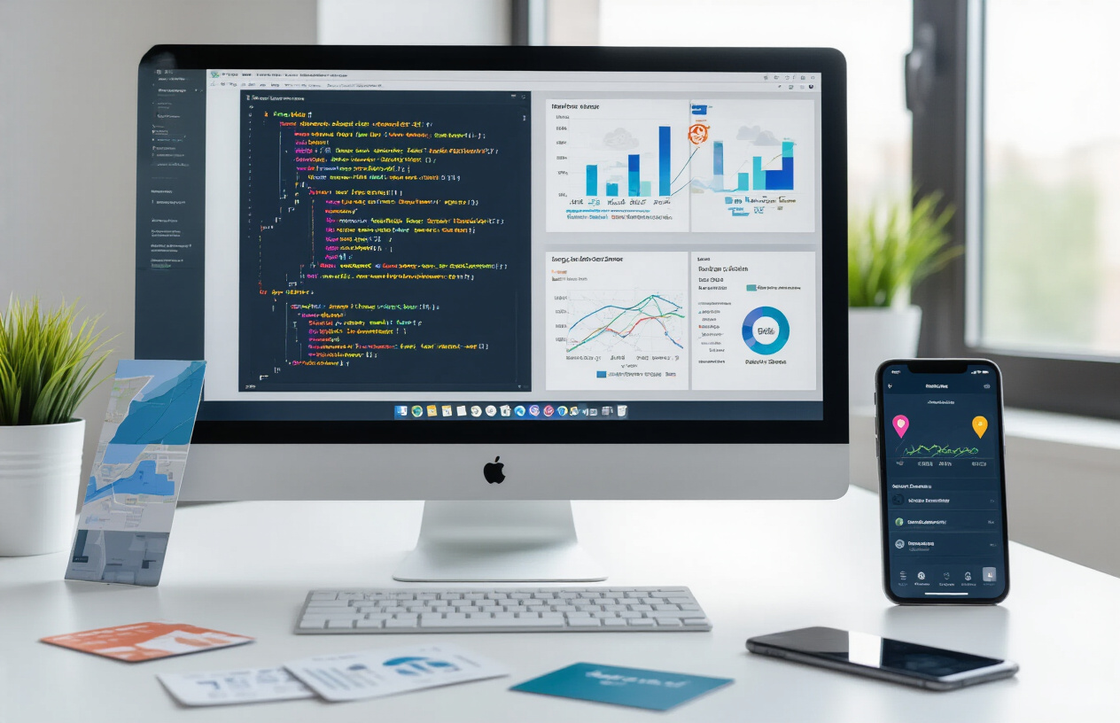 Create a realistic image of a modern digital workspace showing a computer monitor displaying colorful algorithm flowcharts and data visualizations with search engine optimization graphs, surrounded by local business maps with location pins, a smartphone showing location-based search results, and scattered business cards on a clean white desk, with soft natural lighting from a window creating a professional atmosphere, absolutely NO text should be in the scene.