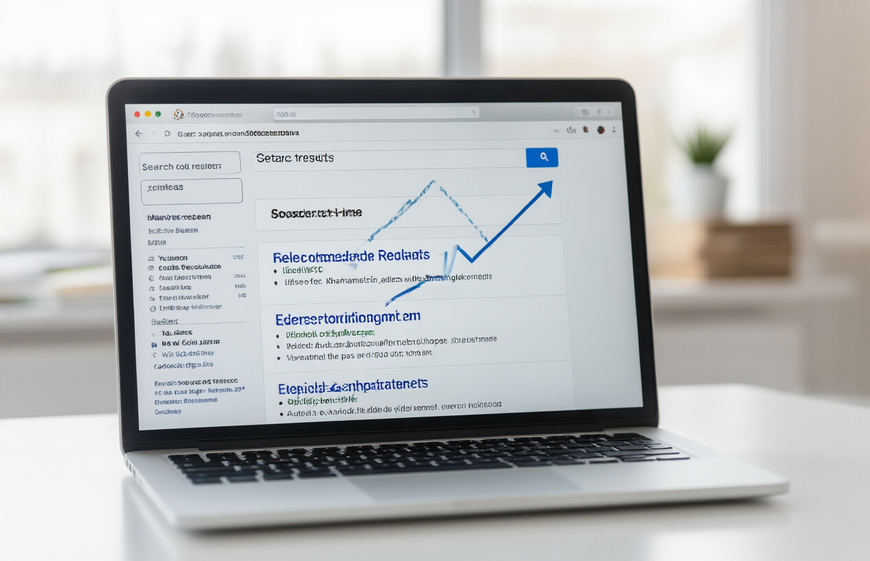 Analyzing competitor meta descriptions for power word insights Create a realistic image of a modern laptop computer on a clean white desk showing a search engine results page with multiple website listings, with a subtle upward trending arrow graphic floating above the screen indicating increased click-through rates, soft natural lighting from a window, minimal background with blurred office elements, conveying success and digital marketing achievement. Absolutely NO text should be in the scene.