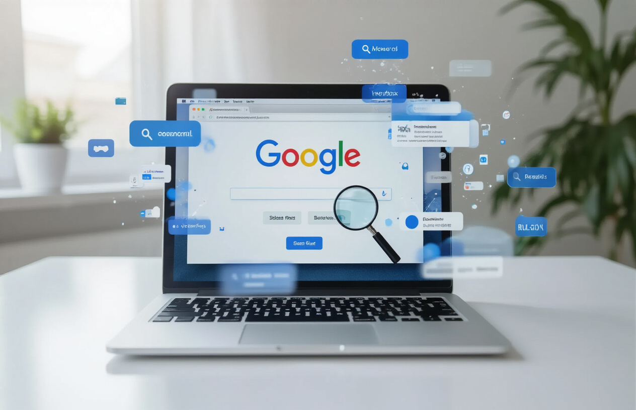 Create a realistic image of a modern laptop computer on a clean white desk showing a Google search interface on the screen with a magnifying glass icon prominently displayed, surrounded by floating digital keyword bubbles and search result snippets in the background, soft natural lighting from a nearby window creating a professional workspace atmosphere, with subtle blue and white color scheme reflecting Google's branding, absolutely NO text should be in the scene.