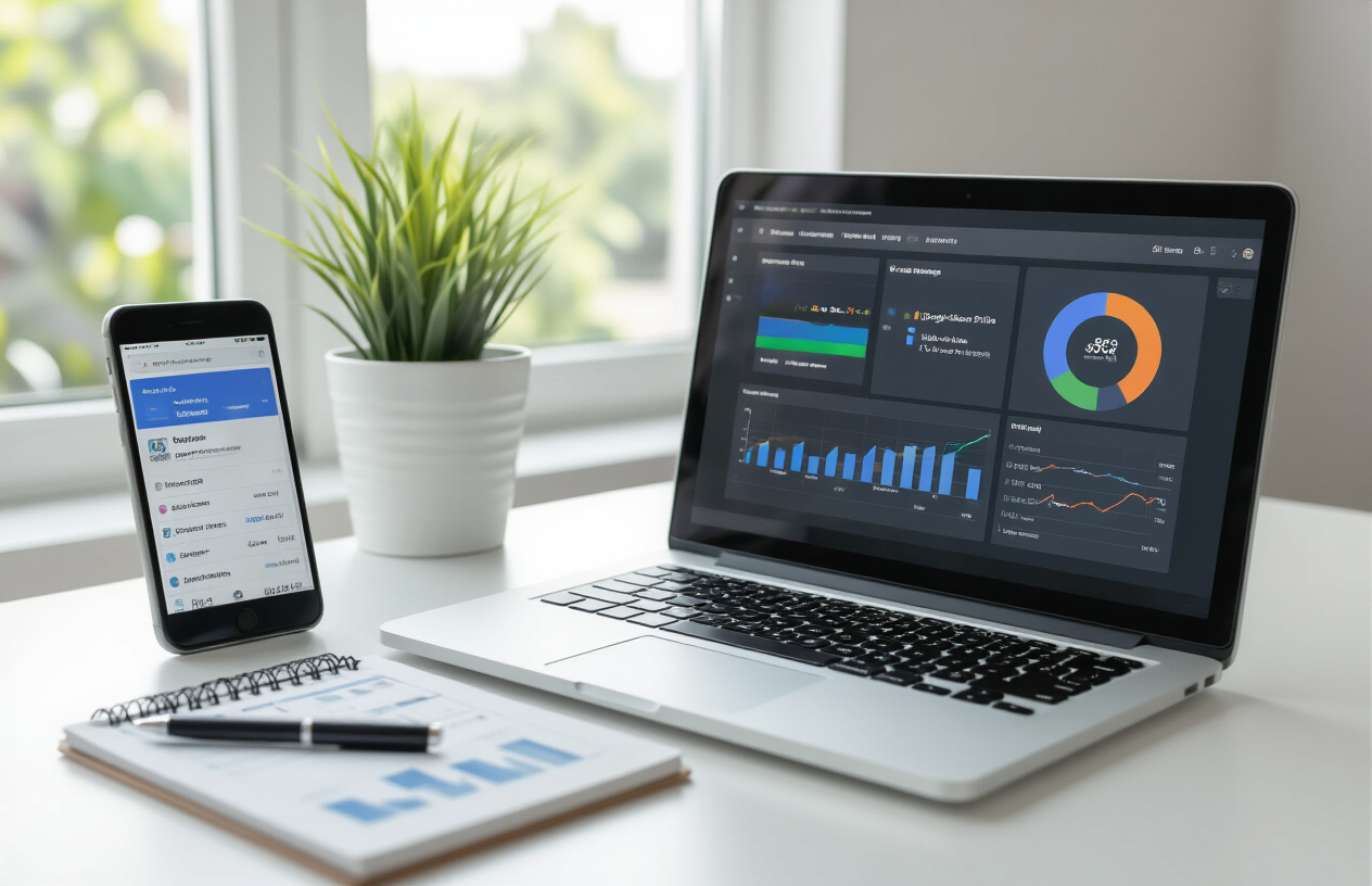 Create a realistic image of a modern laptop computer displaying a Google Business Profile dashboard with optimization settings and analytics graphs on the screen, placed on a clean white desk alongside a smartphone showing Google Search results with business listings, a notepad with performance charts, and a pen, with soft natural lighting from a window creating a professional workspace atmosphere, Absolutely NO text should be in the scene.