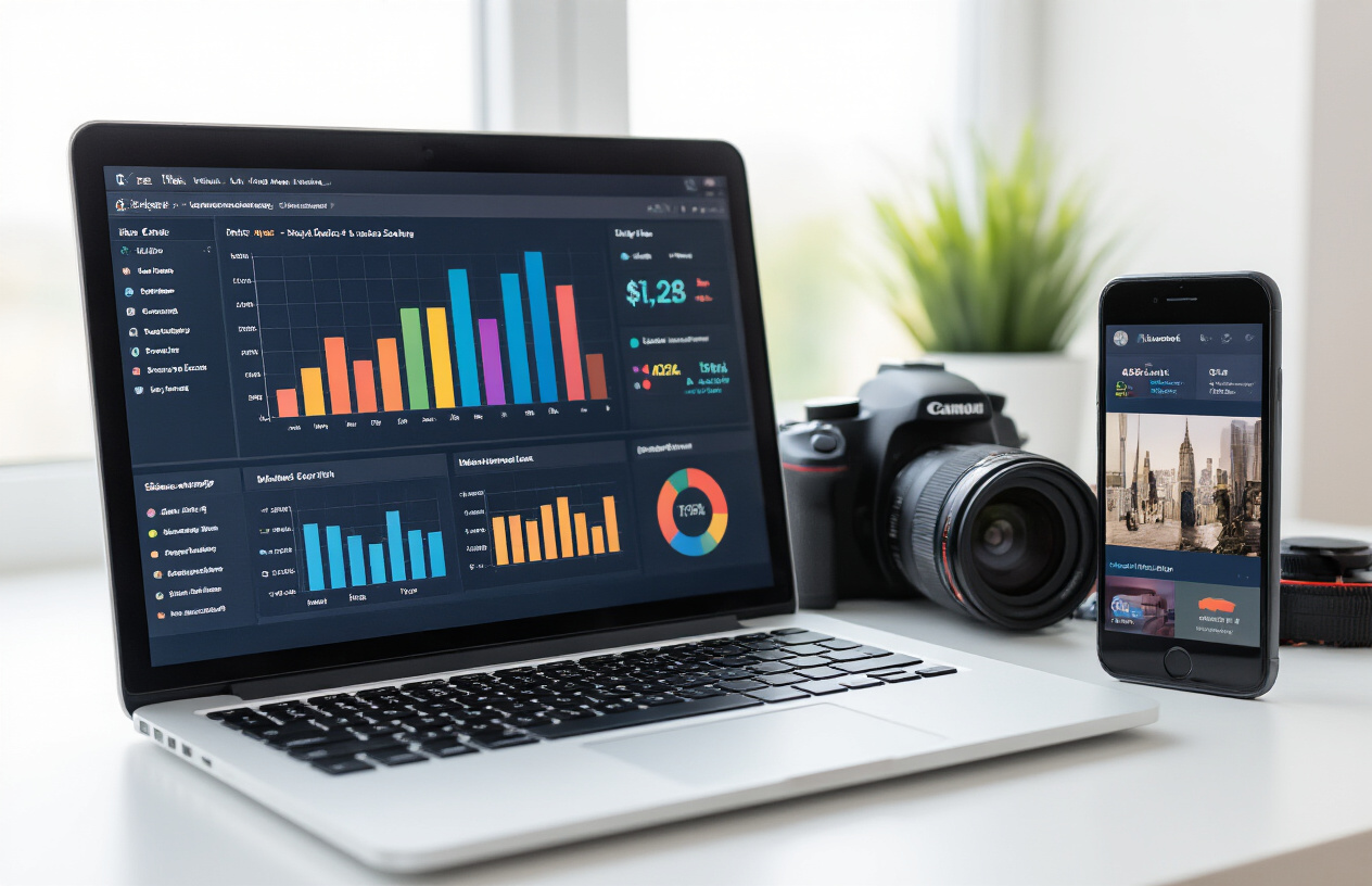 Create a realistic image of a modern laptop computer displaying colorful analytics graphs and SEO metrics on the screen, with a high-quality smartphone showing local business photos beside it, surrounded by professional camera equipment including a DSLR camera and lens on a clean white desk, with soft natural lighting from a window creating a professional workspace atmosphere, absolutely NO text should be in the scene.