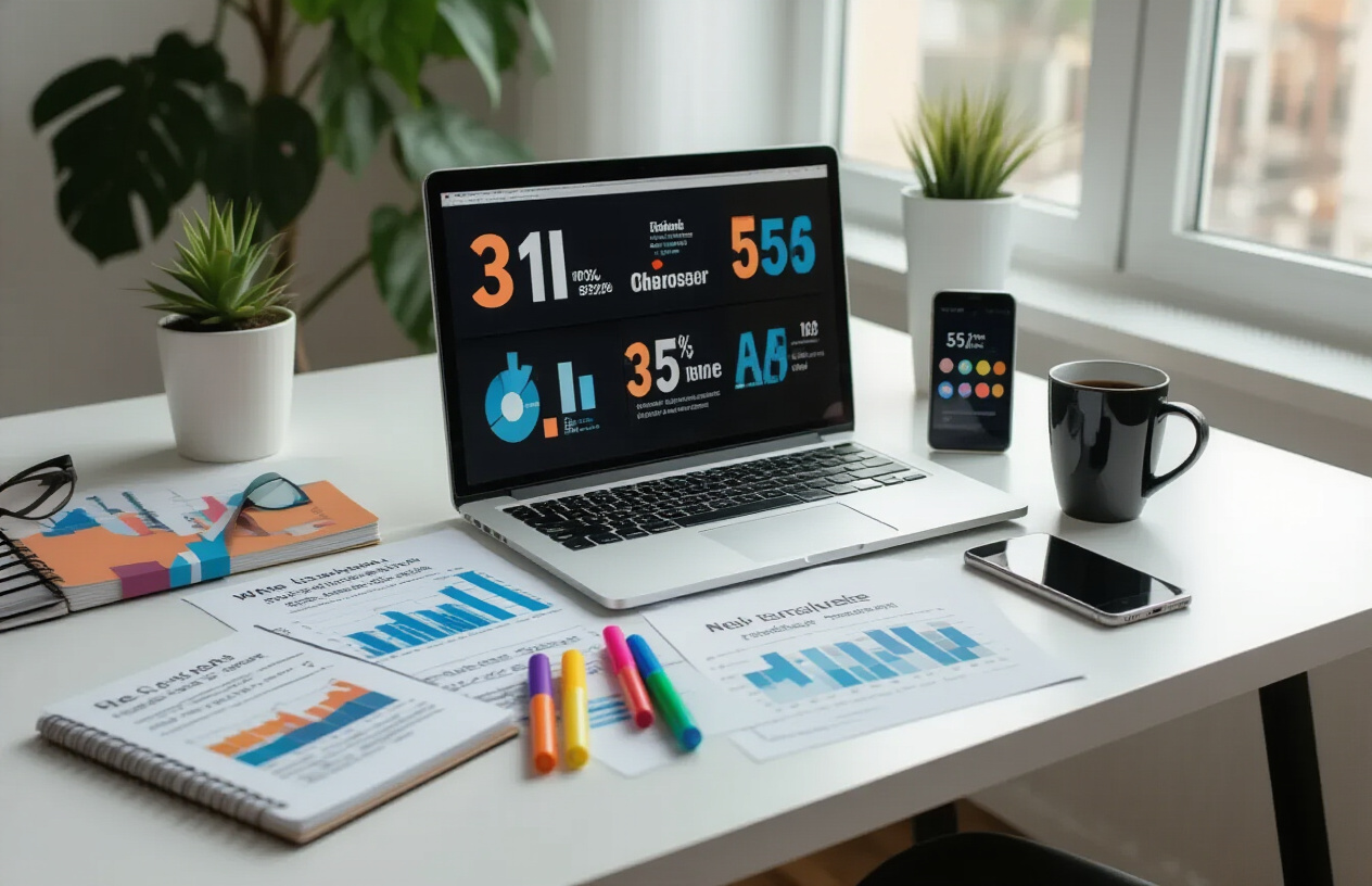 Strategic Number Placement Techniques That Work Create a realistic image of a modern marketing professional's desk workspace showing strategic number placement concepts, featuring a laptop screen displaying various headline examples with numbers in different positions, scattered printouts of web analytics charts and click-through rate graphs, a notebook with handwritten notes about number positioning strategies, colorful highlighters and pens, a smartphone showing social media engagement metrics, and a coffee cup, all arranged on a clean white desk with soft natural lighting from a nearby window, shot from a slightly elevated angle to capture the organized workspace layout, absolutely NO text should be in the scene.