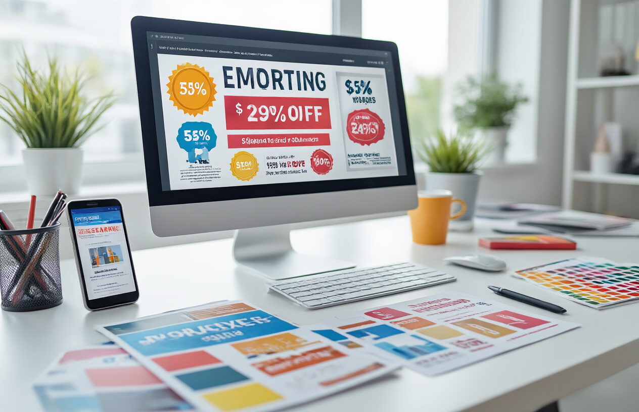 Create a realistic image of a modern marketing workspace featuring a computer screen displaying a promotional design layout with discount elements like percentage symbols, sale badges, and promotional graphics, surrounded by marketing materials including colorful flyers, a smartphone showing a business listing, printed promotional materials scattered on a clean white desk, with design tools like color swatches and a stylus nearby, all set in a bright, professional office environment with natural lighting, absolutely NO text should be in the scene.