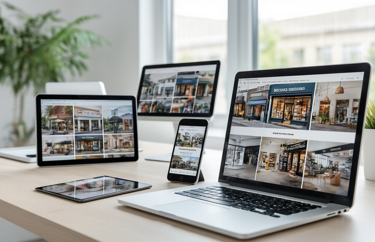 Create a realistic image of a modern marketing workspace showing multiple digital devices displaying the same local business photos across different platforms, featuring a sleek desk with a laptop showing a website gallery, a tablet displaying social media feeds, and a smartphone showing a Google My Business listing, all screens showing coordinated high-quality local business images of storefronts and products, with a clean office background, bright natural lighting from a window, and a professional organized atmosphere. Absolutely NO text should be in the scene.