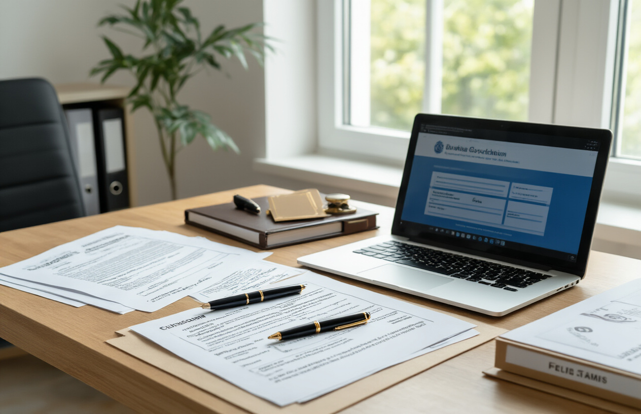 Create a realistic image of a modern office desk setup with important business documents spread out including incorporation papers, business licenses, and legal contracts, alongside a laptop computer displaying official government website forms, a professional black pen, official stamps, and file folders labeled for business registration, with a clean white background and bright natural lighting from a window, creating a professional and organized atmosphere for business establishment. Absolutely NO text should be in the scene.