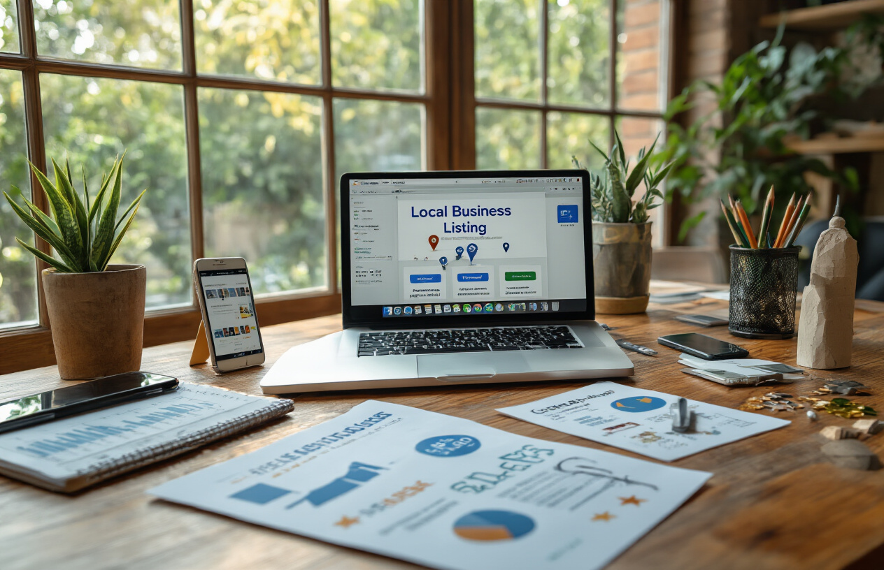 Create a realistic image of a modern office desk setup with a laptop computer displaying local business listing interfaces and search results, surrounded by elements representing local SEO fundamentals including a smartphone showing map pins, printed charts with ranking data, a notepad with SEO keywords, and small business icons like storefront symbols, location markers, and review stars scattered across the desk surface, with warm natural lighting from a window creating a professional working atmosphere, absolutely NO text should be in the scene.