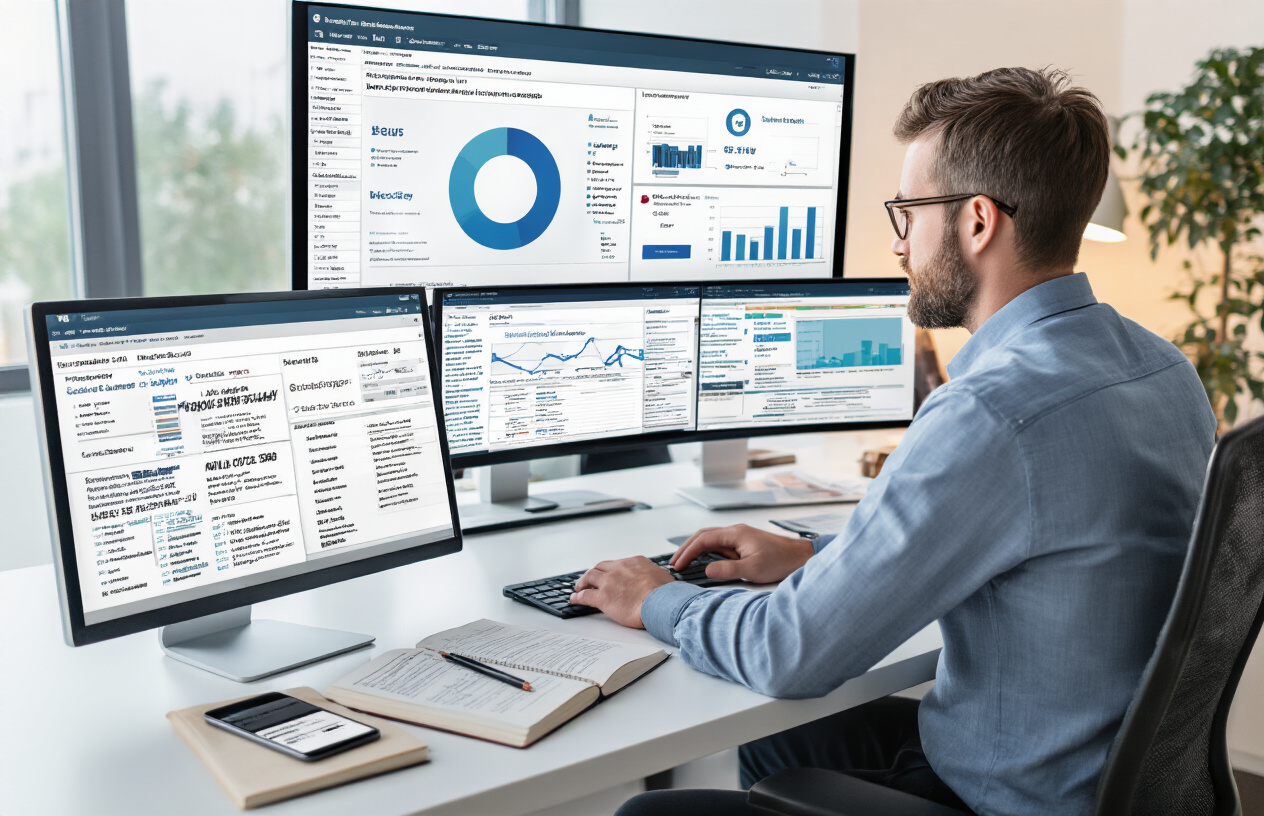 Create a realistic image of a modern office desk setup with multiple computer monitors displaying various SEO audit tools and business directory listings, featuring a white male professional in business casual attire sitting at the desk analyzing NAP data, with digital dashboards showing business information consistency checks, surrounded by notebooks with handwritten notes, a smartphone displaying local business listings, and professional lighting from a nearby window, conveying a focused and analytical work environment. Absolutely NO text should be in the scene.