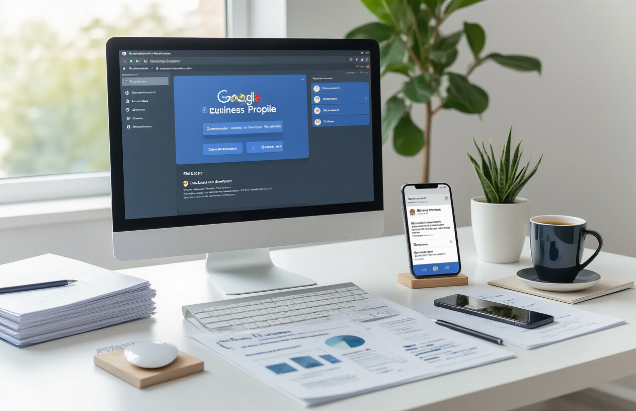 Create a realistic image of a modern office desk setup showing a computer screen displaying a Google Business Profile dashboard with Q&A management interface, surrounded by organized business documents, a smartphone showing customer reviews, a notepad with optimization notes, and a coffee cup, all arranged on a clean white desk with soft natural lighting from a nearby window, conveying a professional and productive atmosphere for digital business management, absolutely NO text should be in the scene.