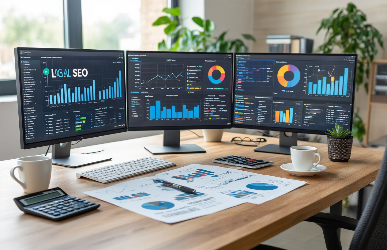 Create a realistic image of a modern office desk with multiple computer monitors displaying colorful analytics dashboards, charts, and graphs showing local SEO performance metrics, a smartphone showing map location pins, printed reports with bar charts and pie graphs scattered on the desk, a calculator, a coffee cup, and a potted plant in the background, with soft natural lighting from a window creating a professional business atmosphere, absolutely NO text should be in the scene.