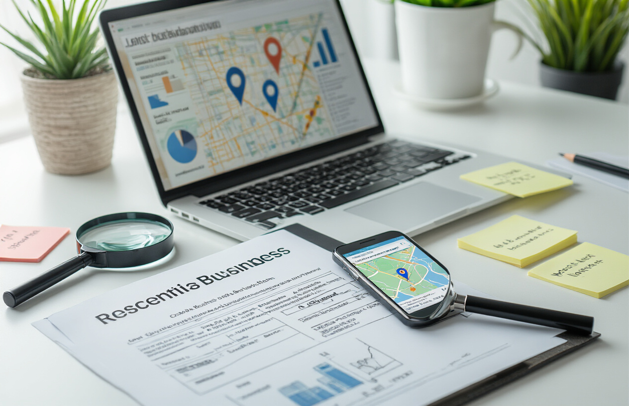 Create a realistic image of a modern office desk with three essential business documents laid out showing business information elements, a laptop computer displaying a local business listing interface, a smartphone showing a map application with location pins, scattered sticky notes with business details, a magnifying glass positioned over business directory information, clean white background with soft natural lighting from the side, professional workspace atmosphere with organized business materials, absolutely NO text should be in the scene.